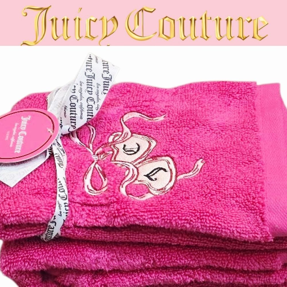 Juicy Couture Home JC Heart Ribbon Logo Embroidered Hand Towel Set- Pink